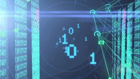 Animation of binary codes zooming on data processing with icon connecting dots on digital interface. Digital composite, cloud computing, technology, finance, economy, business, development. - Powered by Shutterstock - Get 15% off with code: PIKWIZARD15