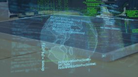 Animation of data processing with globe over caucasian engineer working at solar power station. Digital composite, technology, power generation, sustainable energy, multiple exposure, business. - Powered by Shutterstock - Get 15% off with code: PIKWIZARD15