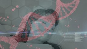 Animation of caucasian woman sleeping with nucleotides, programming language and dna molecule. Digital composite, multiple exposure, relaxation, coding, genetic, medical and technology concept. - Powered by Shutterstock - Get 15% off with code: PIKWIZARD15