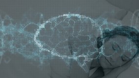 Animation of digital human brain with circles over caucasian woman sleeping on bed. Digital composite, multiple exposure, relaxation, artificial intelligence, futuristic, technology, genetic, medical. - Powered by Shutterstock - Get 15% off with code: PIKWIZARD15