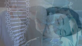 Animation of dna helix and doctors discussing in surgery room over sleeping young caucasian woman. Digital composite, multiple exposure, healthcare, research, molecule, relaxation and genetic. - Powered by Shutterstock - Get 15% off with code: PIKWIZARD15