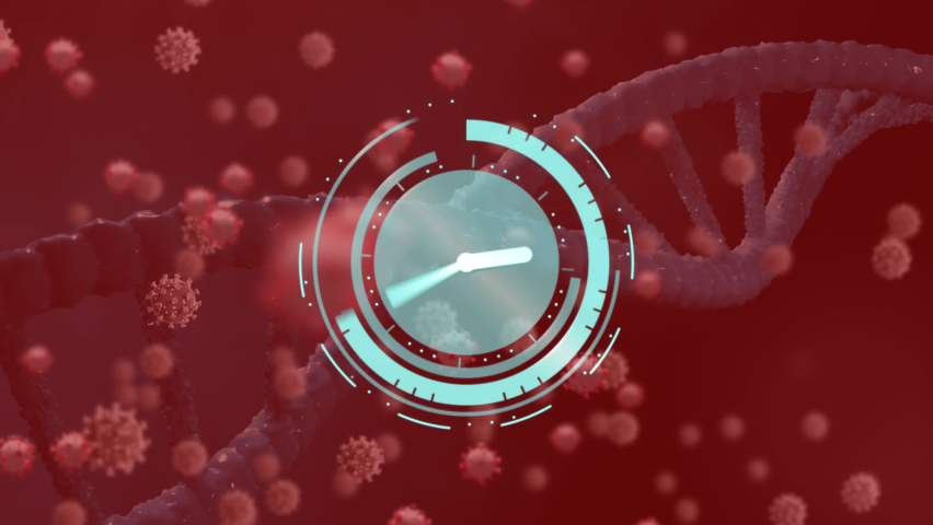 Animation of blue timer spinning over dna helix and biological cells floating on brown background. Digitally generated, illustration, clock, forecasting, molecule, bacterium, healthcare and medical. - Powered by Shutterstock - Get 15% off with code: PIKWIZARD15