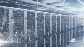 Animation of interface with data processing and microprocessor connections over computer server room. Business data storage technology concept - Powered by Shutterstock - Get 15% off with code: PIKWIZARD15