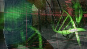 Animation of data processing and dna strands over caucasian man exercising at gym. Global sport, computing and digital interface concept digitally generated video. - Powered by Shutterstock - Get 15% off with code: PIKWIZARD15