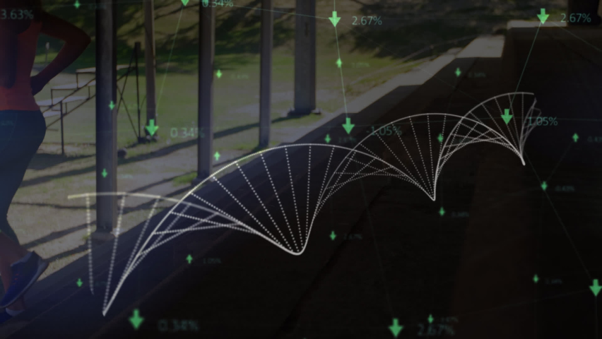 Animation of data processing and dna strand over african american woman running down the stairs. Global sport, computing and digital interface concept digitally generated video. - Powered by Shutterstock - Get 15% off with code: PIKWIZARD15