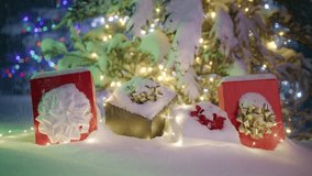 Magic fantasy fairytale snowy forest with Christmas trees covered with snow at magical winter night. Beautiful scene with beautiful gift boxes under heavy snowfall in slow motion shot on RED camera - Powered by Shutterstock - Get 15% off with code: PIKWIZARD15