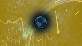 Animation of globe and ticking clock against stock market data processing on yellow background. Global economy and business networking technology concept - Powered by Shutterstock - Get 15% off with code: PIKWIZARD15
