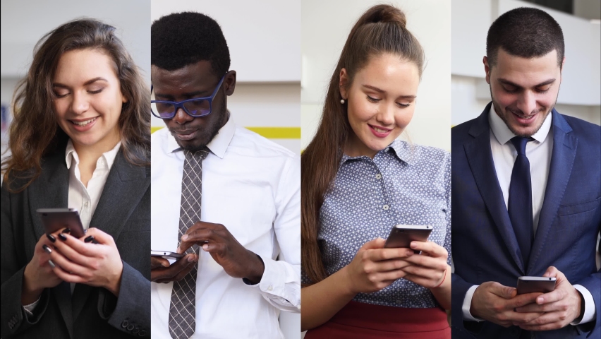 Portraits of diverse smiling business people texting on smartphone in an office. Montage of multiethnic entrepreneurs in formal wear typing message in phone. Corporate workers vertical split screen. Royalty-Free Stock Footage #1093690221