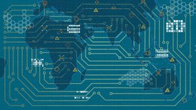 Animation of computer circuit board over world map on blue background. global technology, computing and digital interface concept digitally generated video. - Powered by Shutterstock - Get 15% off with code: PIKWIZARD15