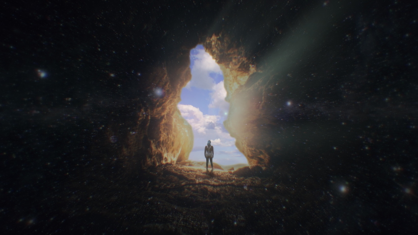 Girl Space Cave Open Cloudy Sky Zoom In Surrealistic Scene. Girl standing inside space cave hole looking to the cloudy sky, zoom in. Royalty-Free Stock Footage #1093691145