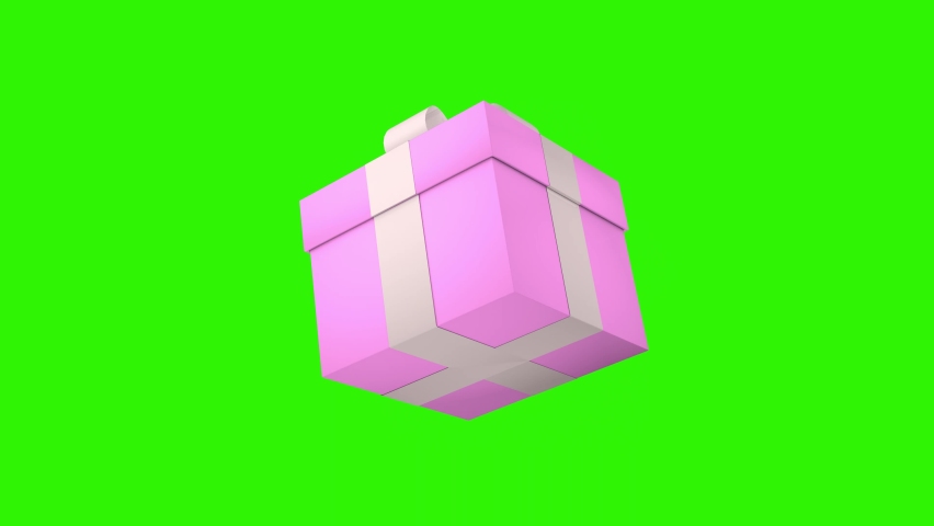 Pink gift box with white ribbon. 3D animation on a green screen. Holidays and gifts concept.