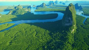 Aerial view over rivers and streams at beautiful large mangrove forests in Phang Nga Bay, Phang Nga Province, Southern Thailand. tropical seas in southeast asia. beauty of nature concept. 4k drone
