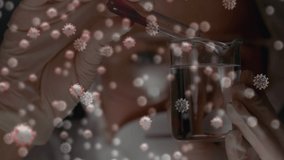 Animation of coronavirus over hands of caucasian female lab worker with sample. Health, science and coronavirus covid 19 pandemic concept digitally generated video.