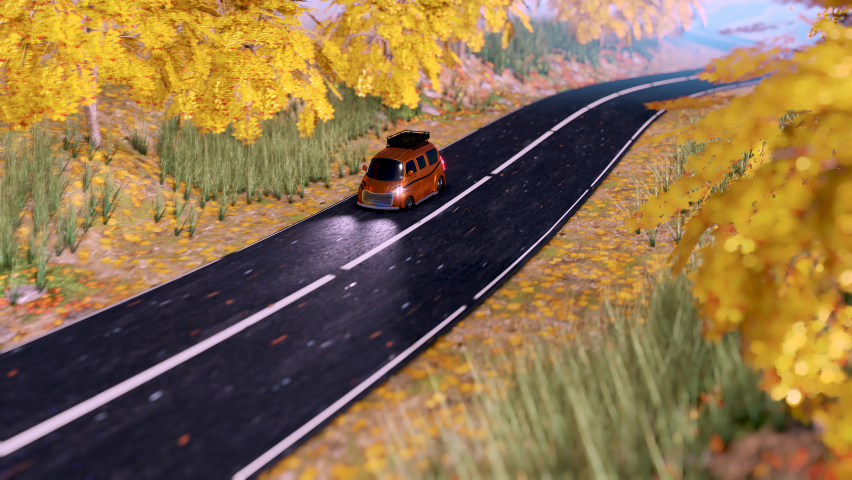 3d rendering motion looping scene of aerial views of an MPV automobile going on a winding road in a mountain valley in an autumnal woodland setting. The scene is looping in 3D. Royalty-Free Stock Footage #1093698939