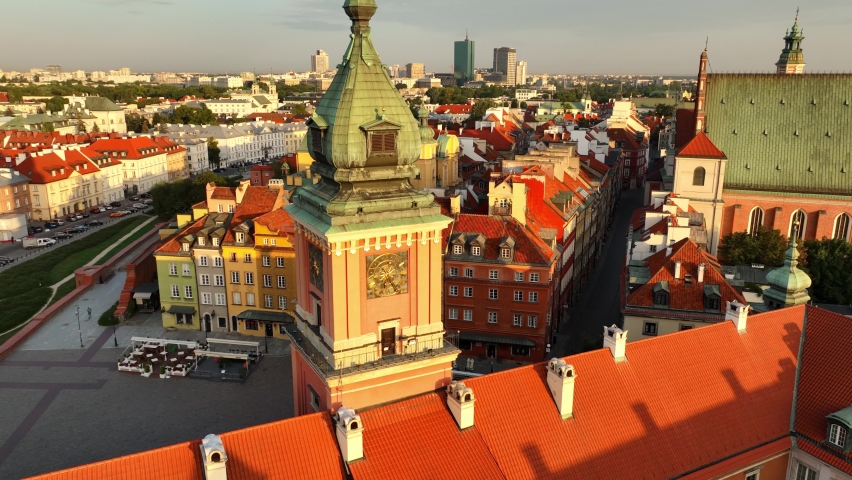 aerial view of Warsaw old town, historical centre of Warsaw at sunrise, flying above Warsaw royal castle, capital of Poland, tourism in Eastern Europe. High quality 4k footage Royalty-Free Stock Footage #1093702475