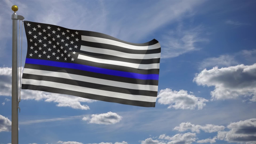 Police Flag, American Flag waving on a Flagpole in front of a blue sky with clouds USA Flag Thin Blue Line Flag, 3D Render Royalty-Free Stock Footage #1093702811