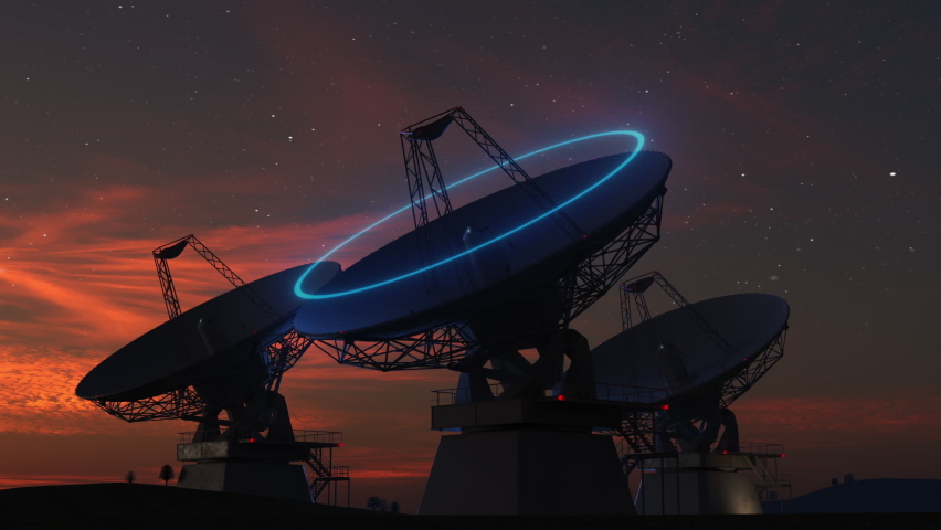 a group of space antennas or ground observatories observing space from the earth's surface with a signal effect against the background of the sunset sky  Royalty-Free Stock Footage #1093707161