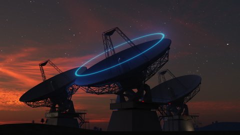 Стоковое видео: a group of space antennas or ground observatories observing space from the earth's surface with a signal effect against the background of the sunset sky 