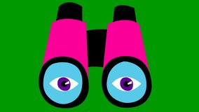 Animated pink binoculars with eyes. Blinks an eye. Looped video. Concept of searching, travel, spy. Vector illustration on green background.