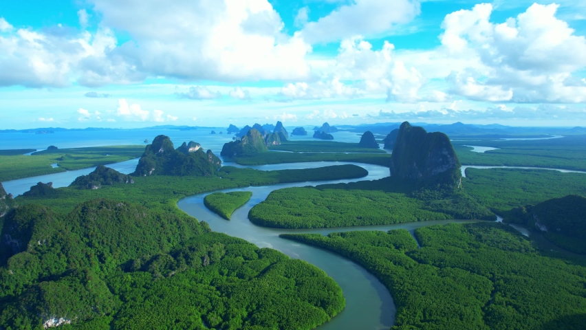 Aerial view over the bends river and mangrove forests during sunrise. One of the world