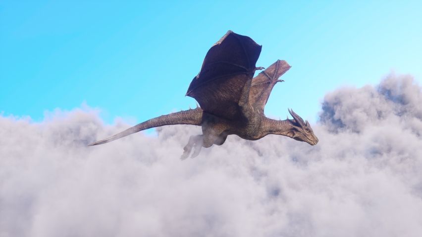 Magnificent dragon flies in the sky above the clouds. CGI animation 3d rendering