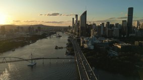 Aerial video of Brisbane city in Australia at sunset