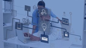 Animation of flowchart with computer icons over doctors discussing over laptop in hospital. Digital composite, multiple exposure, medical, healthcare, teamwork, technology and futuristic concept. - Powered by Shutterstock - Get 15% off with code: PIKWIZARD15