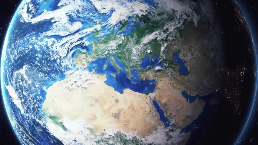 Earth zoom in from space and focus on Tralee, Kerry, Ireland. The animation continues by zoom out through clouds and atmosphere into space. Background for travel intro.