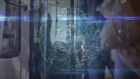 Animation of connecting dots sphere against multiracial commuters boarding train at station platform. Digital composite, multiple exposure, public transportation, connection, city life, travel. - Powered by Shutterstock - Get 15% off with code: PIKWIZARD15