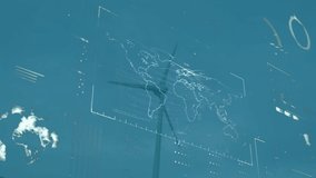 Animation of neon ticking clock and data processing over spinning windmill against blue background. Computer interface and renewable energy technology concept - Powered by Shutterstock - Get 15% off with code: PIKWIZARD15