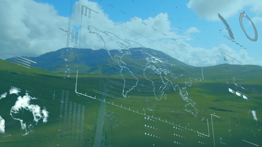 Animation of neon ticking clock and interface with data processing over landscape with mountains. Computer interface and business technology concept - Powered by Shutterstock - Get 15% off with code: PIKWIZARD15