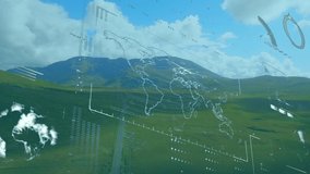 Animation of neon ticking clock and interface with data processing over landscape with mountains. Computer interface and business technology concept - Powered by Shutterstock - Get 15% off with code: PIKWIZARD15