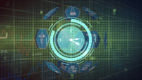 Animation of neon ticking clock over globe of digital icons spinning and heart rate monitor. Medical research and business technology concept - Powered by Shutterstock - Get 15% off with code: PIKWIZARD15