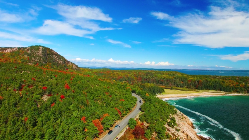 New England foliage from drone - Acadia National Park coastline in autumn