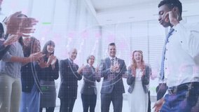 Animation of dna helix with circles over diverse colleagues applauding for man dancing in office. Digital composite, multiple exposure, medical, genetic, business, team, art, hobby and event concept. - Powered by Shutterstock - Get 15% off with code: PIKWIZARD15