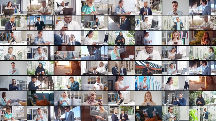 Collage with many different people using smartphone devices. Set collection of many video clips with men and women with mobile phones. Communication, internet and connectivity concept. | Shutterstock HD Video #1093754751
