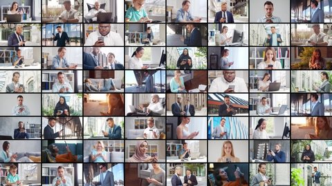 Collage with many different people using smartphone devices. Set collection of many video clips with men and women with mobile phones. Communication, internet and connectivity concept. : vidéo de stock