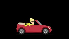 blonde girl rides in a red cabriolet, cartoon, looped, on an isolated background