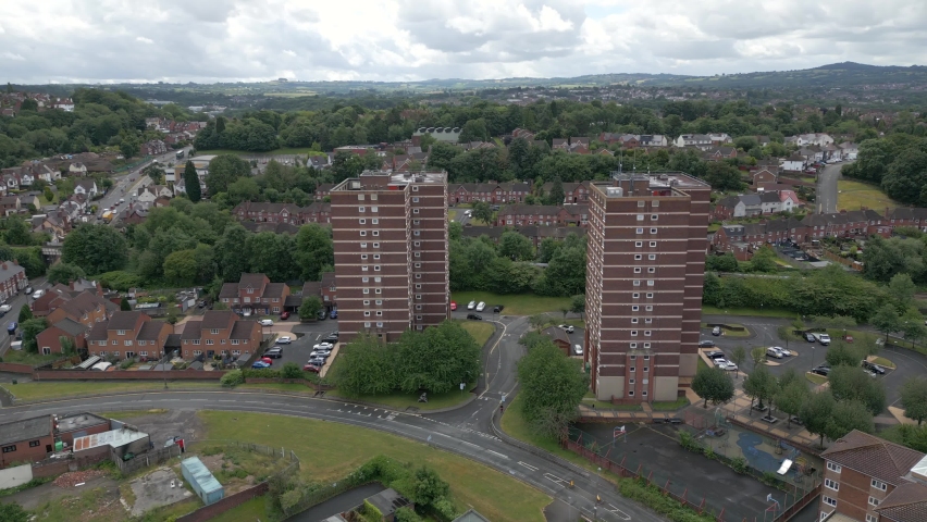 Aerial view of council tower blocks near Birmingham UK Cradley Heath