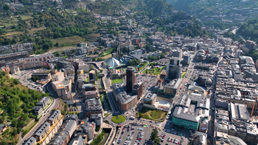 Aerial view of Andorra la Vella (Andorra la Vieja), the capital of Andorra, in the Pyrenees mountains between France and Spain Royalty-Free Stock Footage #1093761067