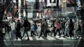 
Surveillance Footage of Anonymous People Walking on Crosswalk in Busy Urban City Street. Big Data Analysis. Computer Interface Showing Fake Data of the Crowd. Face Recognition.