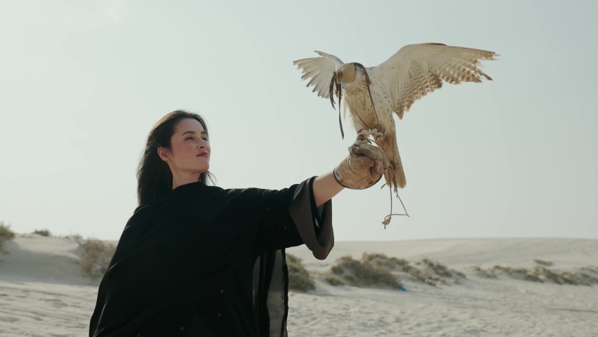Woman interacting with Qatari Falcon bird in Doha Qatar desert
 | Shutterstock HD Video #1093763533