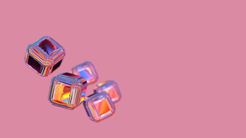 A group of holographic metal cubes fly on pink pastel background 3D 4K animation with copy space. Geometric motion graphics