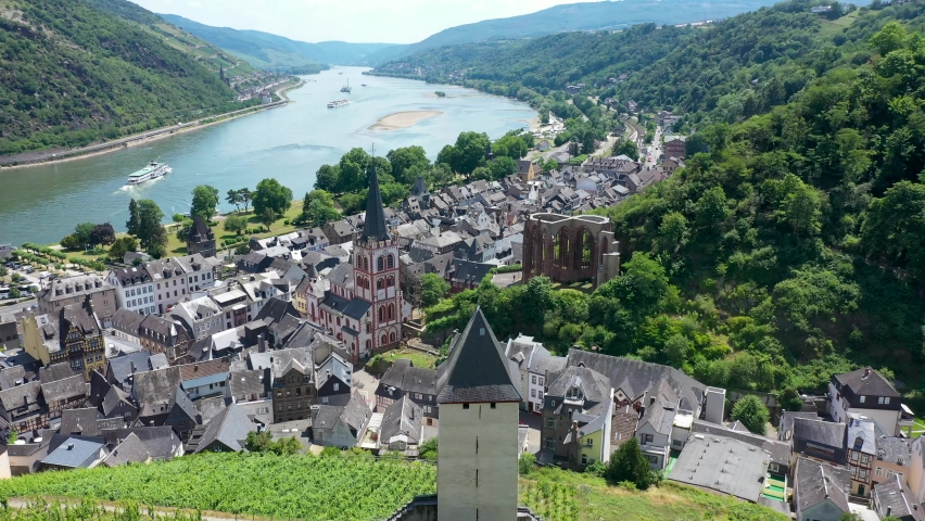 Bacharach panoramic view. Bacharach is a small town in Rhine valley in Rhineland-Palatinate, Germany. Bacharach is a small town in Rhine valley in Rhineland-Palatinate, Germany Royalty-Free Stock Footage #1093771421