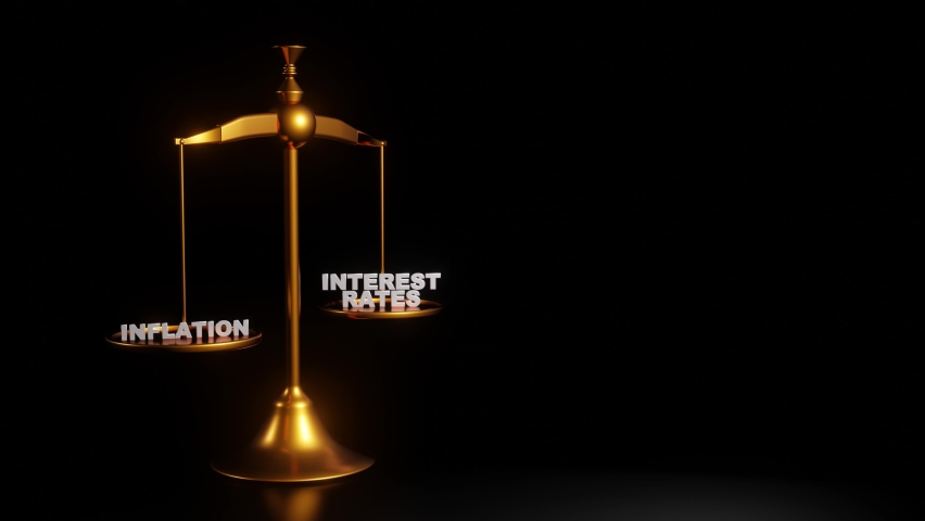 Inflation and interest rates conceptual 3d render seamless looping animation. Golden libra showing balance of interest rates and inflation. Royalty-Free Stock Footage #1093779881