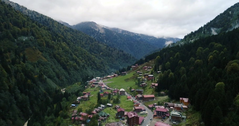 Aerial view Ayder Plateau in Camlihemsin, Rize. Famous touristic a place. Ayder Plateau in the Black Sea and Turkey. Royalty-Free Stock Footage #1093786787