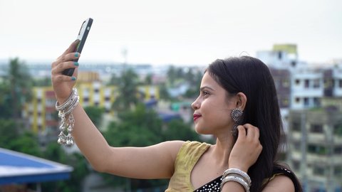 Beautiful Indian Girl Taking Selfie On Stock Footage Video (100%