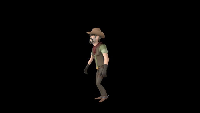 Western Cowboy Walking animation.Full HD 1920×1080.6 Second Long.Transparent Alpha video