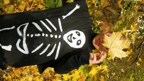 A cute boy of 7-8 years old in a costume with the image of a skeleton fools around during Halloween, depicts a terrible monster against the background of an autumn park and yellow fallen leaves