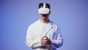 Korean man doctor using virtual reality glasses, playing video games, Asian guy nurse wearing new generation gaming headset for education, future technology concept.